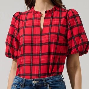 Woodland Red Plaid Split Neck Blouse